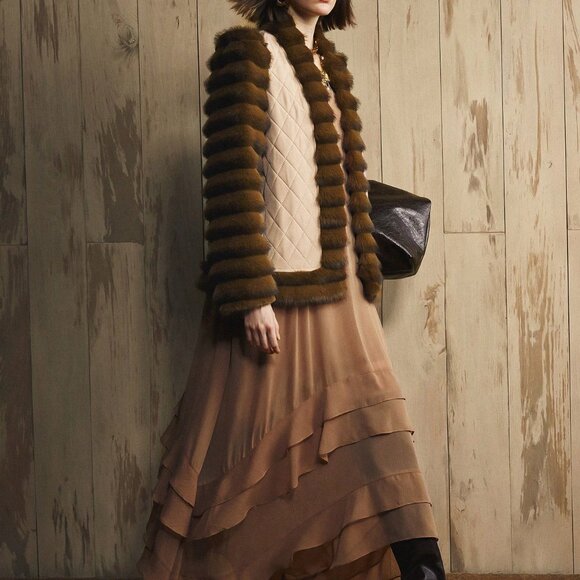 Khaki Casual Women's Quilted Fluffy Coat with Fake Fur - Picture 3 of 9